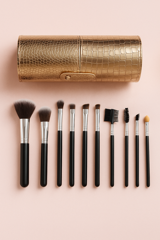 Set de 10 Pinceaux de Maquillage avec Étui Doré